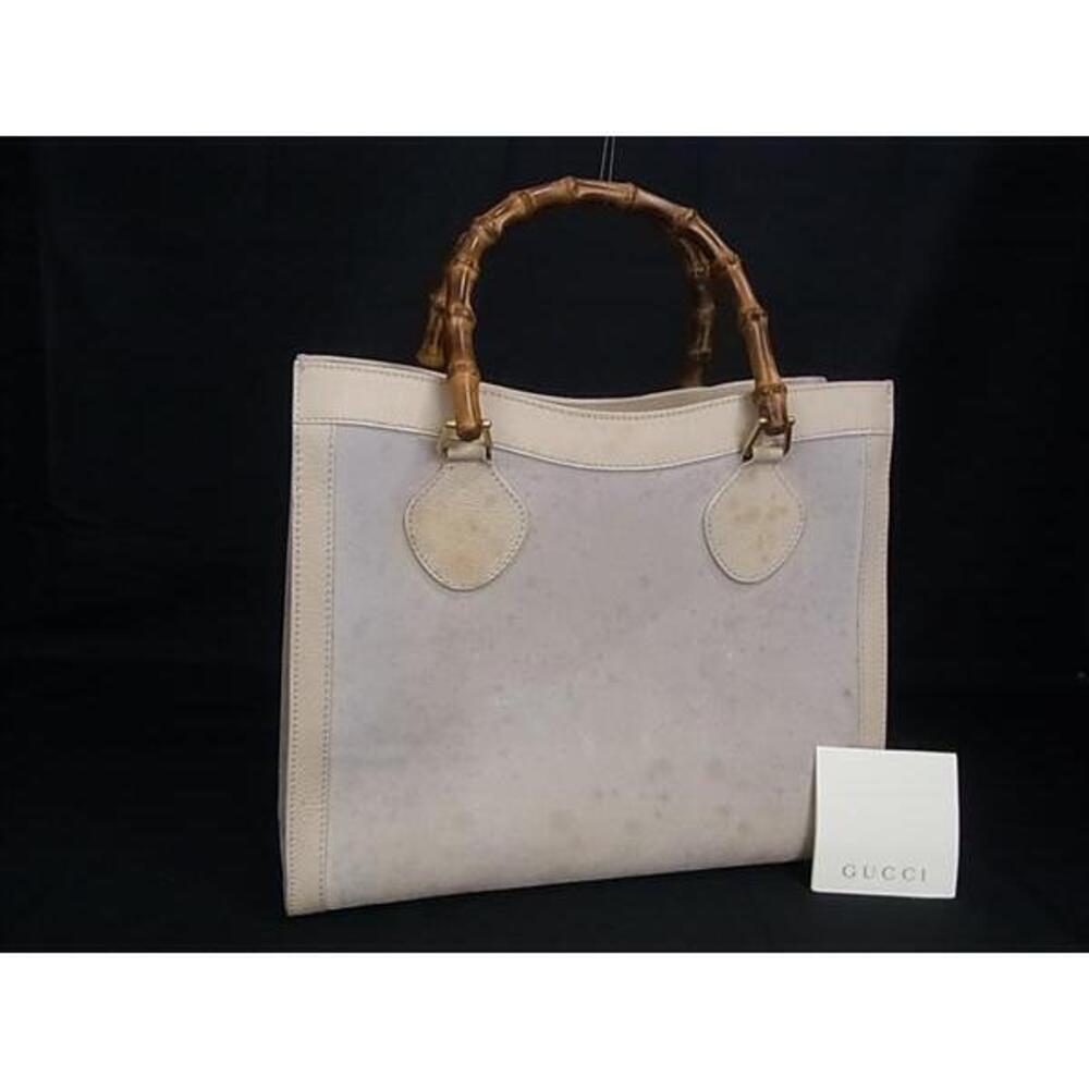 GUCCI Bamboo Suede Leather Handbag Tote Bag Beige